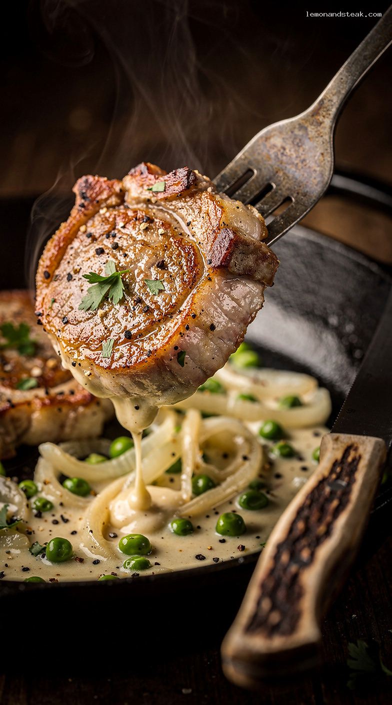 Skillet Pork Chops With Peas and Cream Sauce – Closeup
