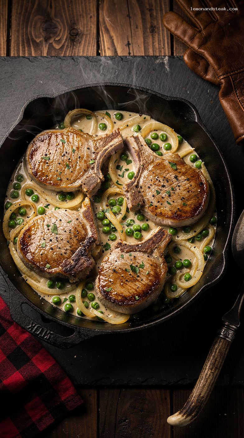 Skillet Pork Chops With Peas and Cream Sauce