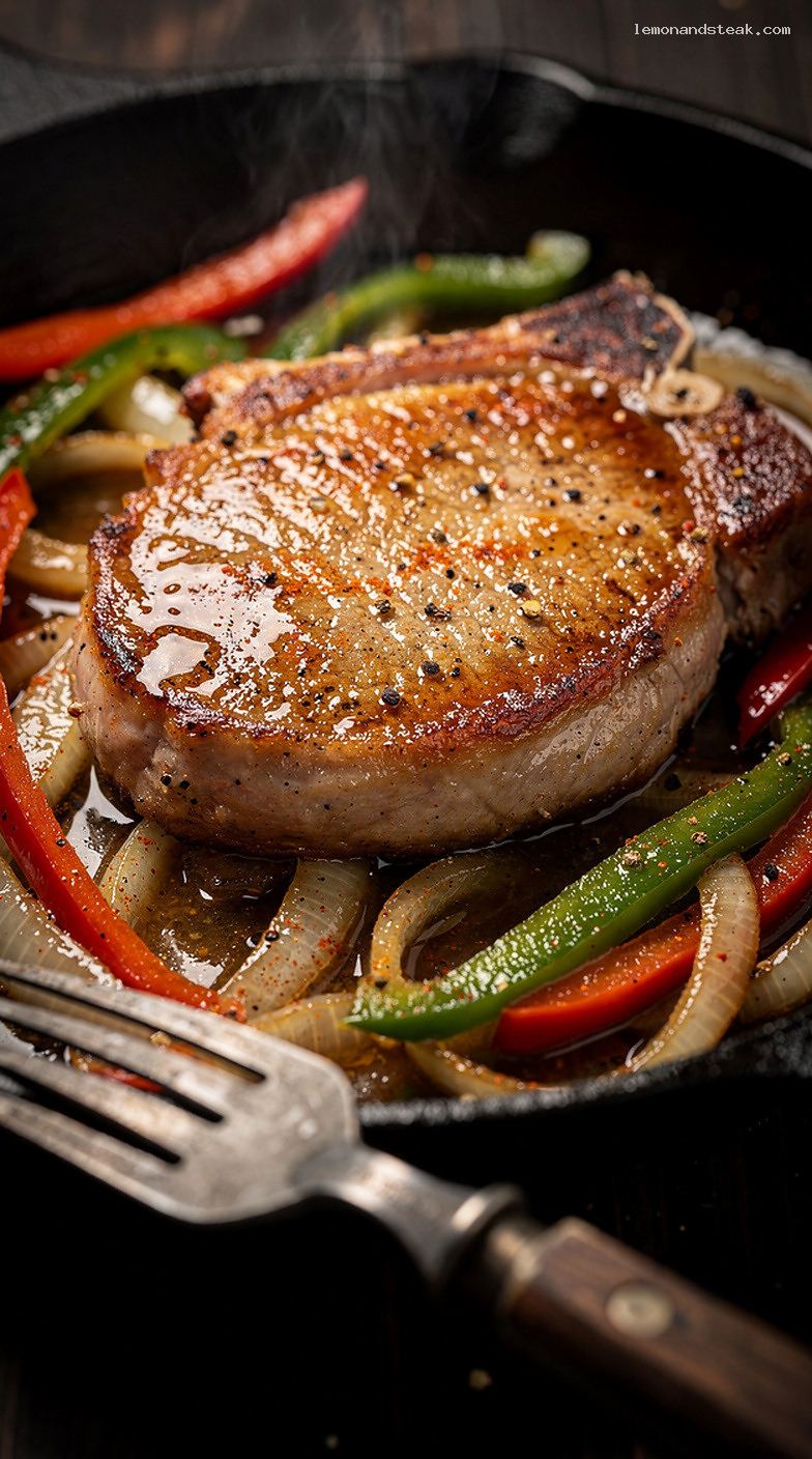 Skillet Pork Chops with Peppers and Onions in Savory Sauce – Closeup