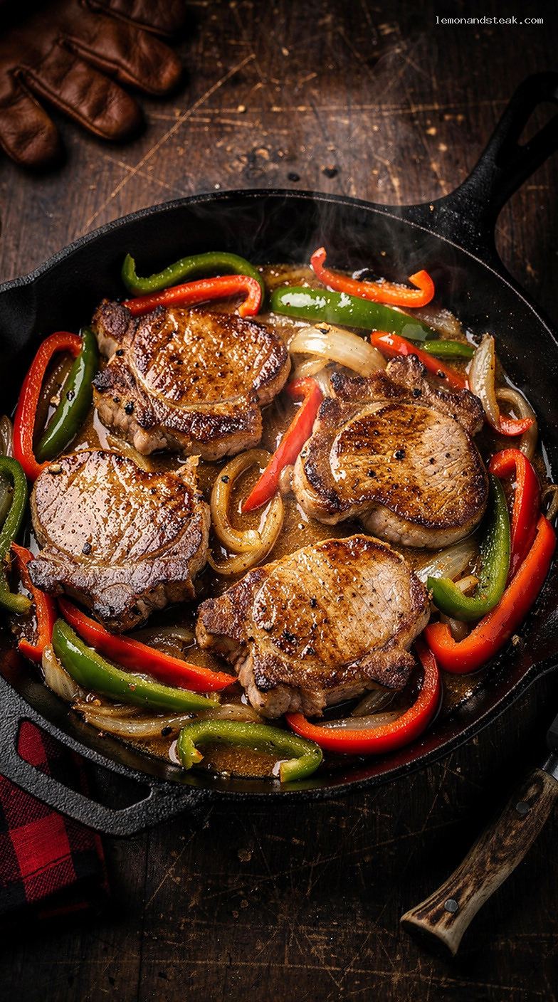 Skillet Pork Chops with Peppers and Onions in Savory Sauce