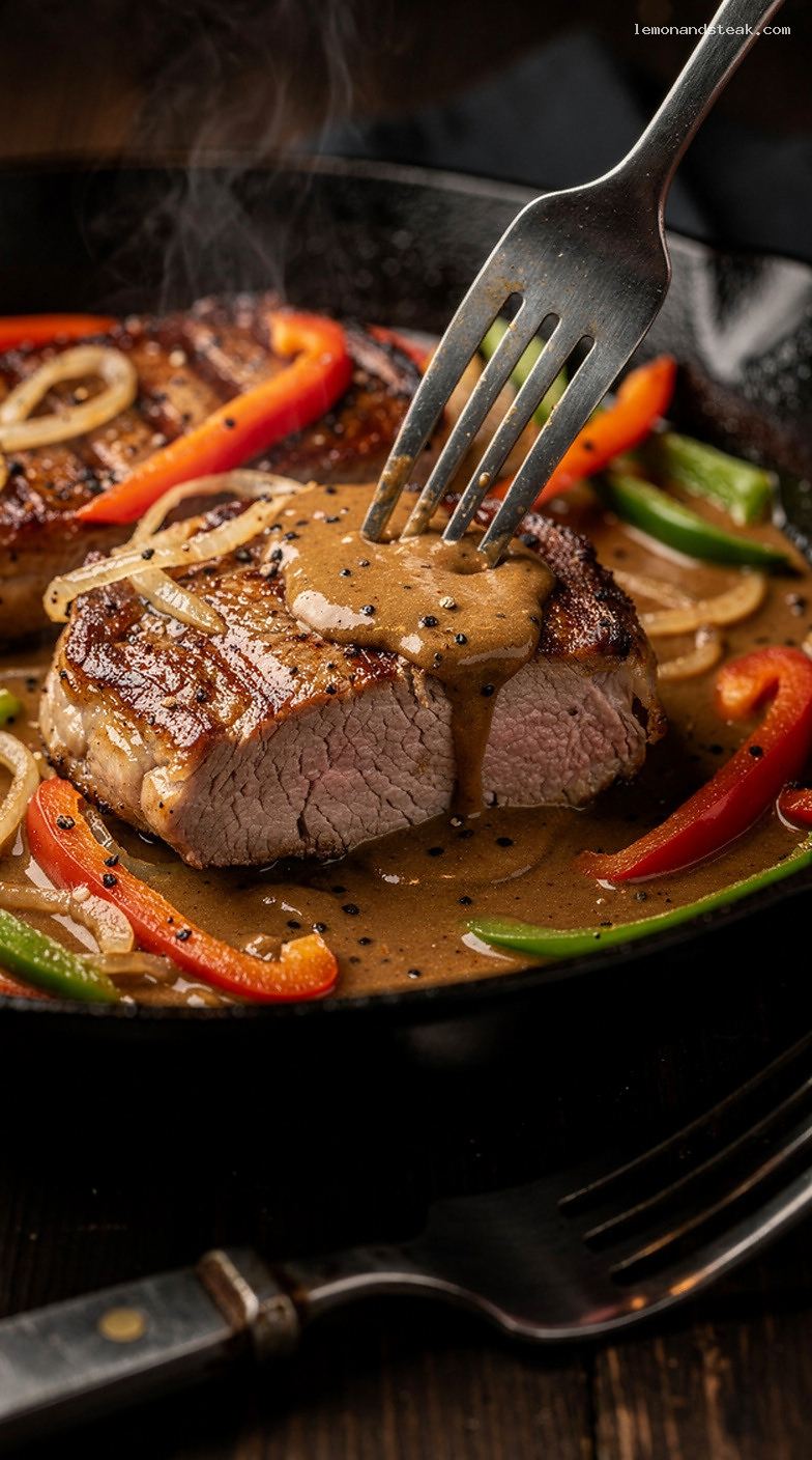Skillet Pork Chops with Peppers, Onions, and Brown Gravy – Closeup