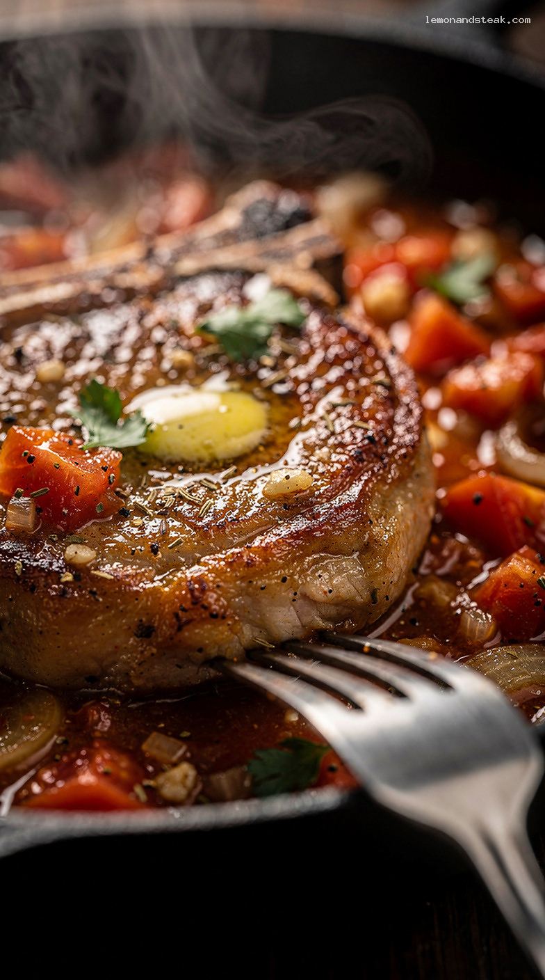 Skillet Pork Chops With Tomatoes, Garlic, and Italian Seasoning – Closeup