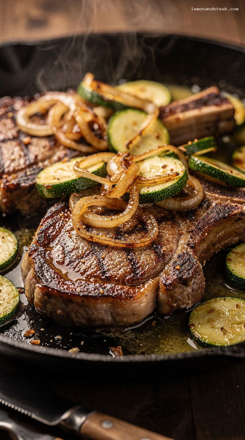 Skillet Pork Chops with Zucchini and Onions – Closeup