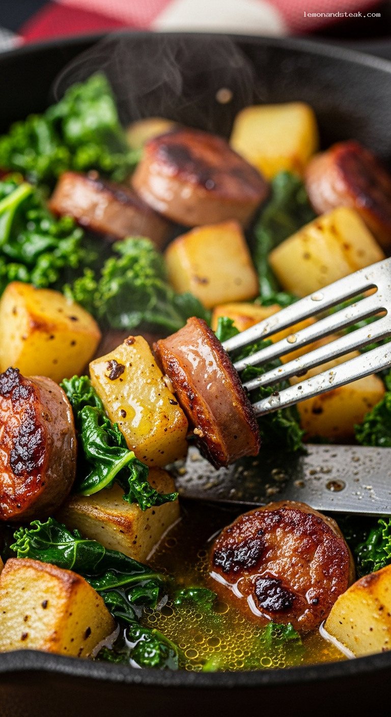 Skillet Sausage, Kale, and Potato Hash with Broth Reduction – Closeup
