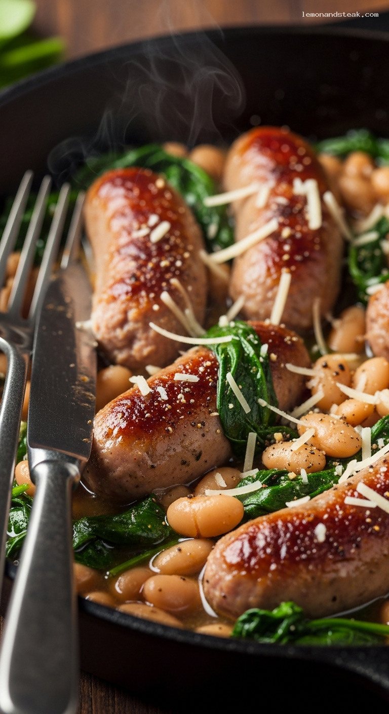Skillet Sausage, White Bean, and Spinach Toss with Garlic – Closeup