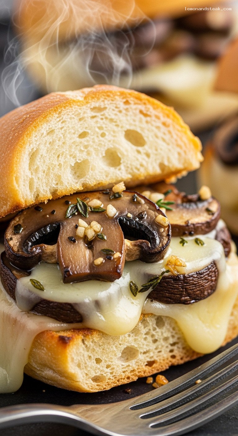 Skillet-Toasted Garlic Mushroom and Cheese Mini Sandwiches – Closeup