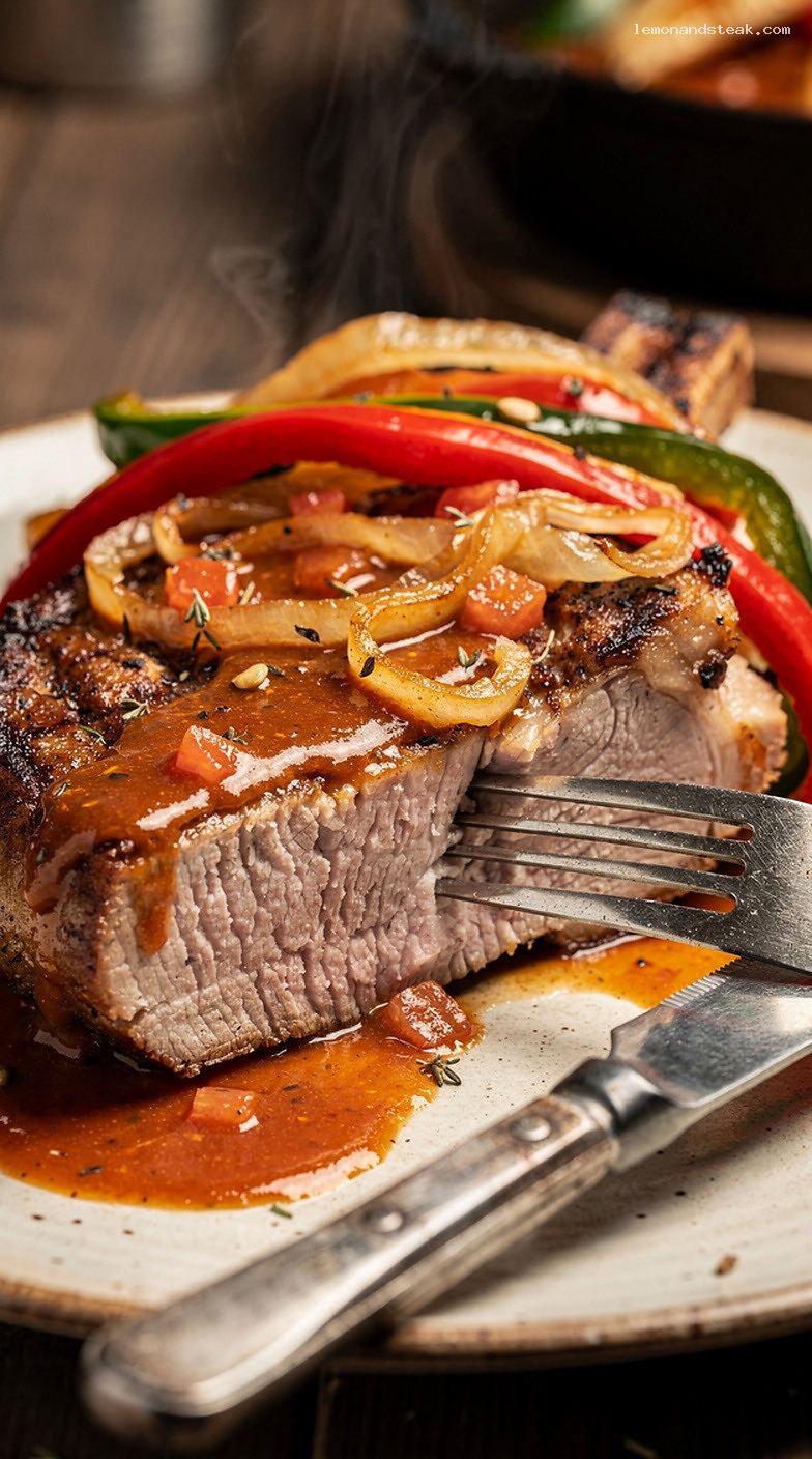 Slow-Baked Pork Chops With Peppers, Onions, and Tomato Gravy – Closeup