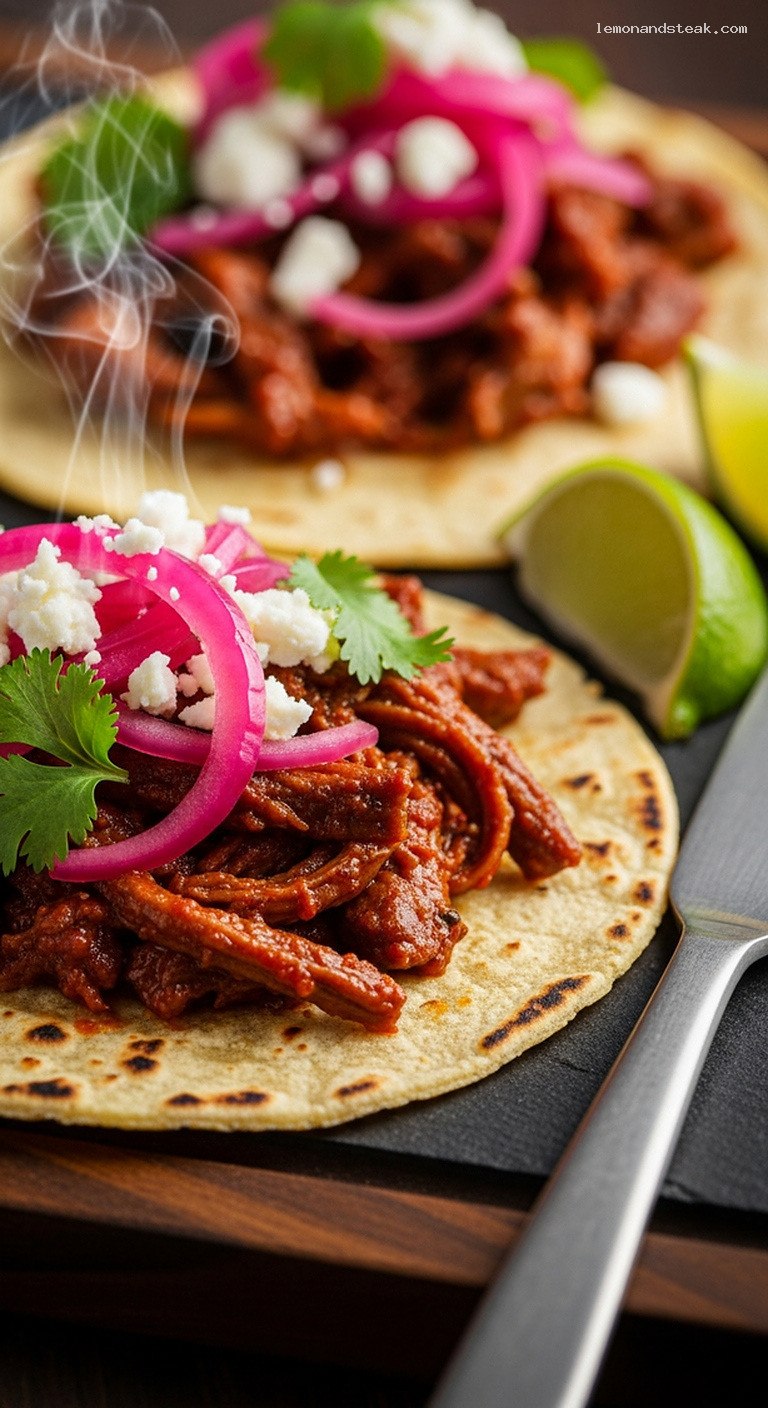 Slow-Braised Ancho Beef Tacos with Pickled Onions – Closeup
