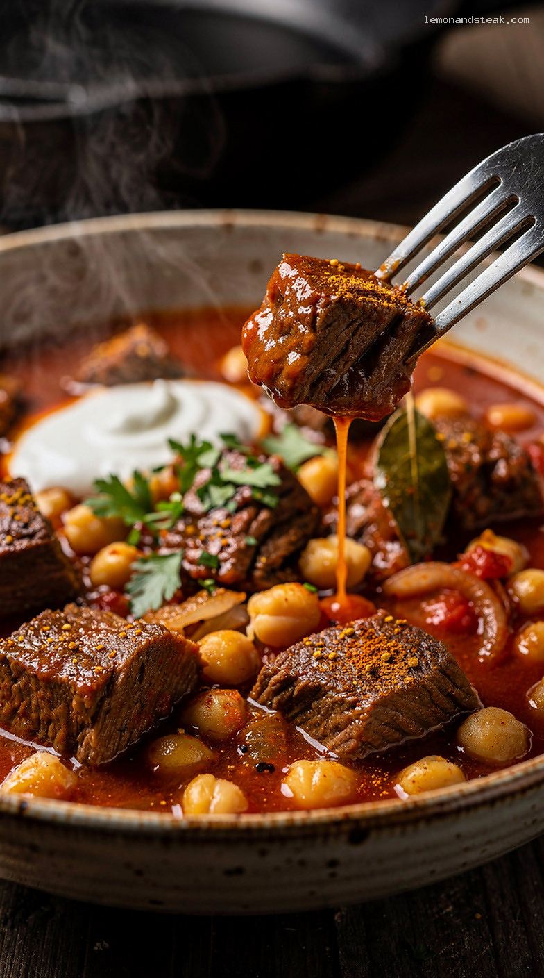 Slow-Braised Beef and Chickpea Stew with Tomatoes and Warm Herbs – Closeup