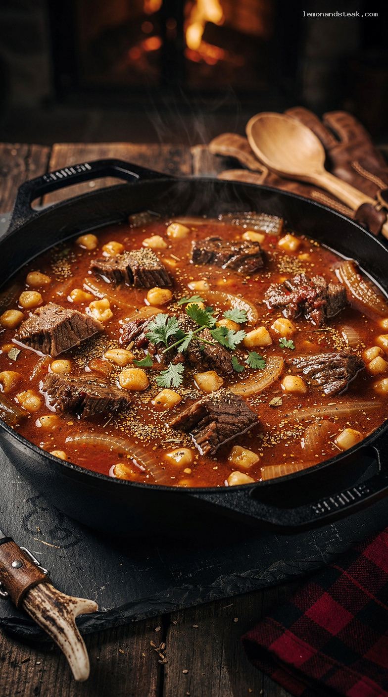 Slow-Braised Beef and Hominy Stew with Tomatoes and Herbs