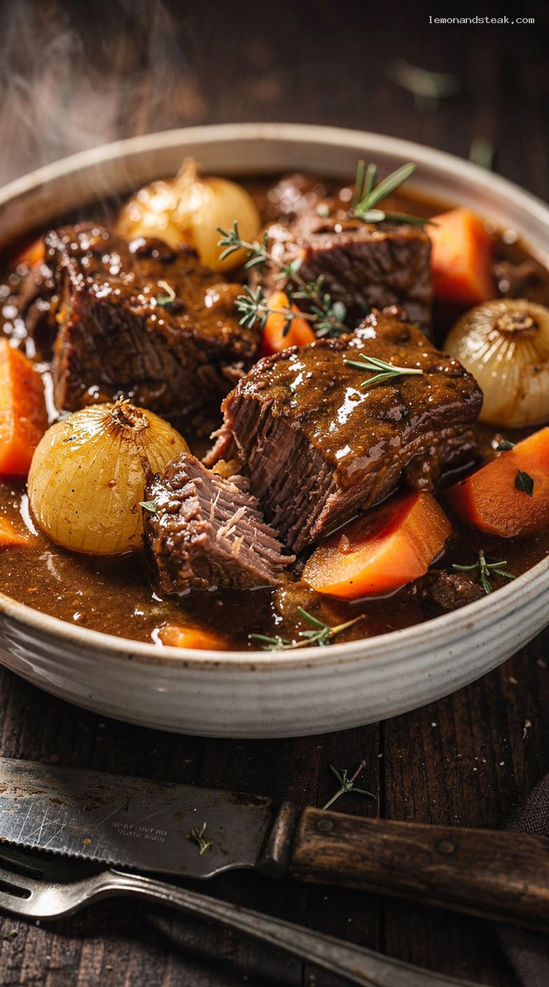 Slow-Braised Beef and Pearl Onion Stew – Closeup