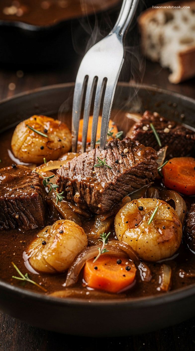 Slow-Cooked Beef and Chestnut Stew with Herbs and Vegetables – Closeup