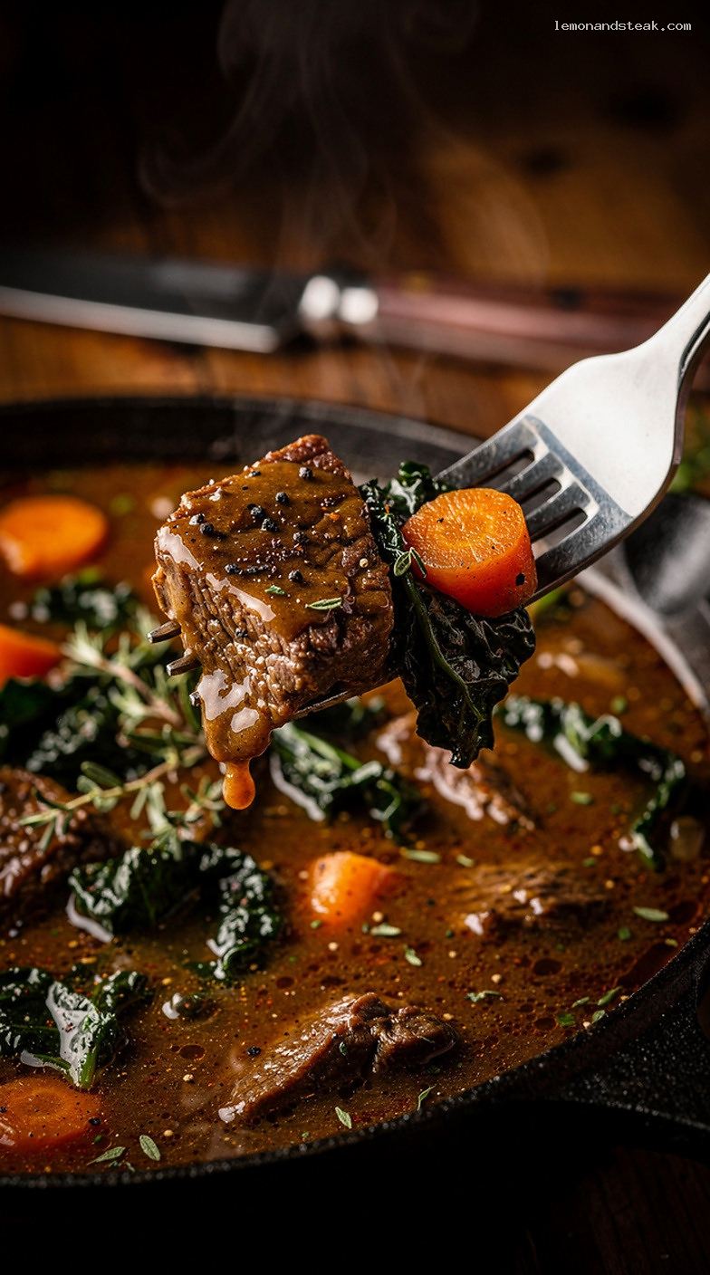 Slow-Cooked Beef and Kale Stew with Herbs and Carrots – Closeup