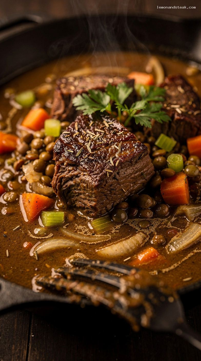 Slow-Cooked Beef and Lentil Stew with Vegetables and Herbs – Closeup