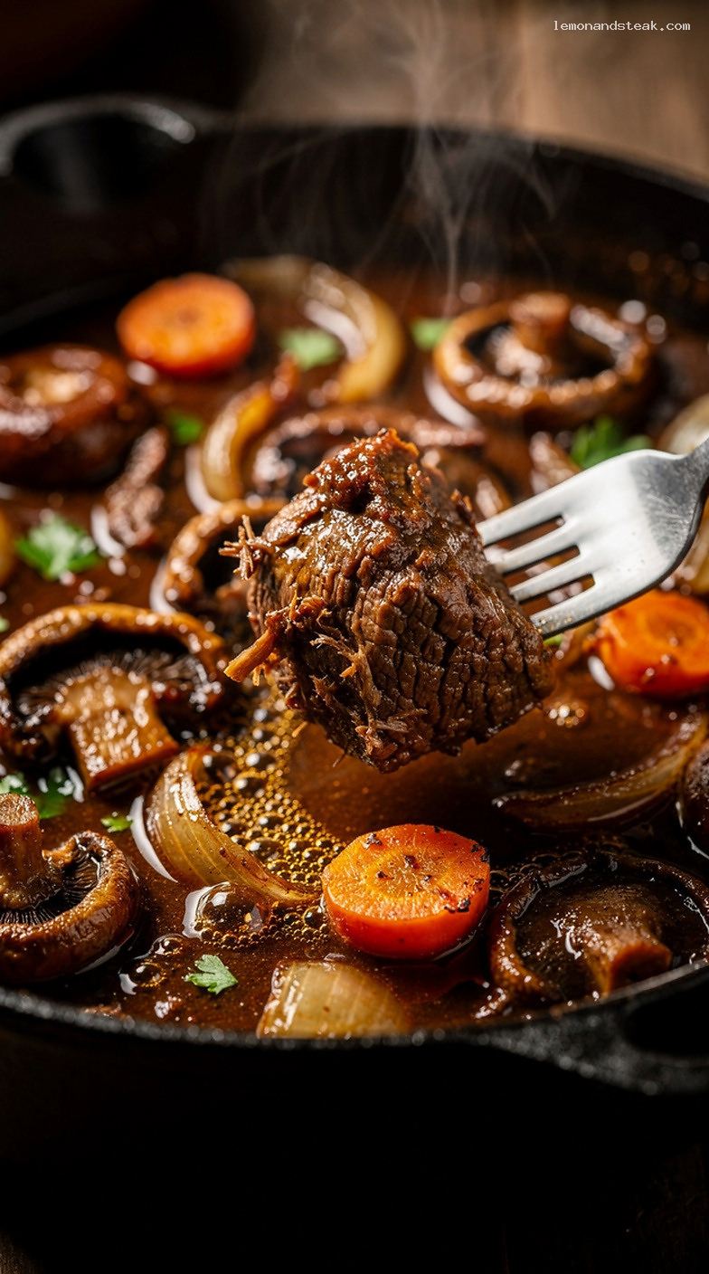 Slow-Cooked Beef and Mushroom Stew with Herbs – Closeup