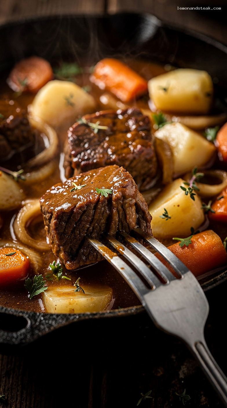 Slow-Cooked Beef and Parsnip Root Vegetable Stew – Closeup