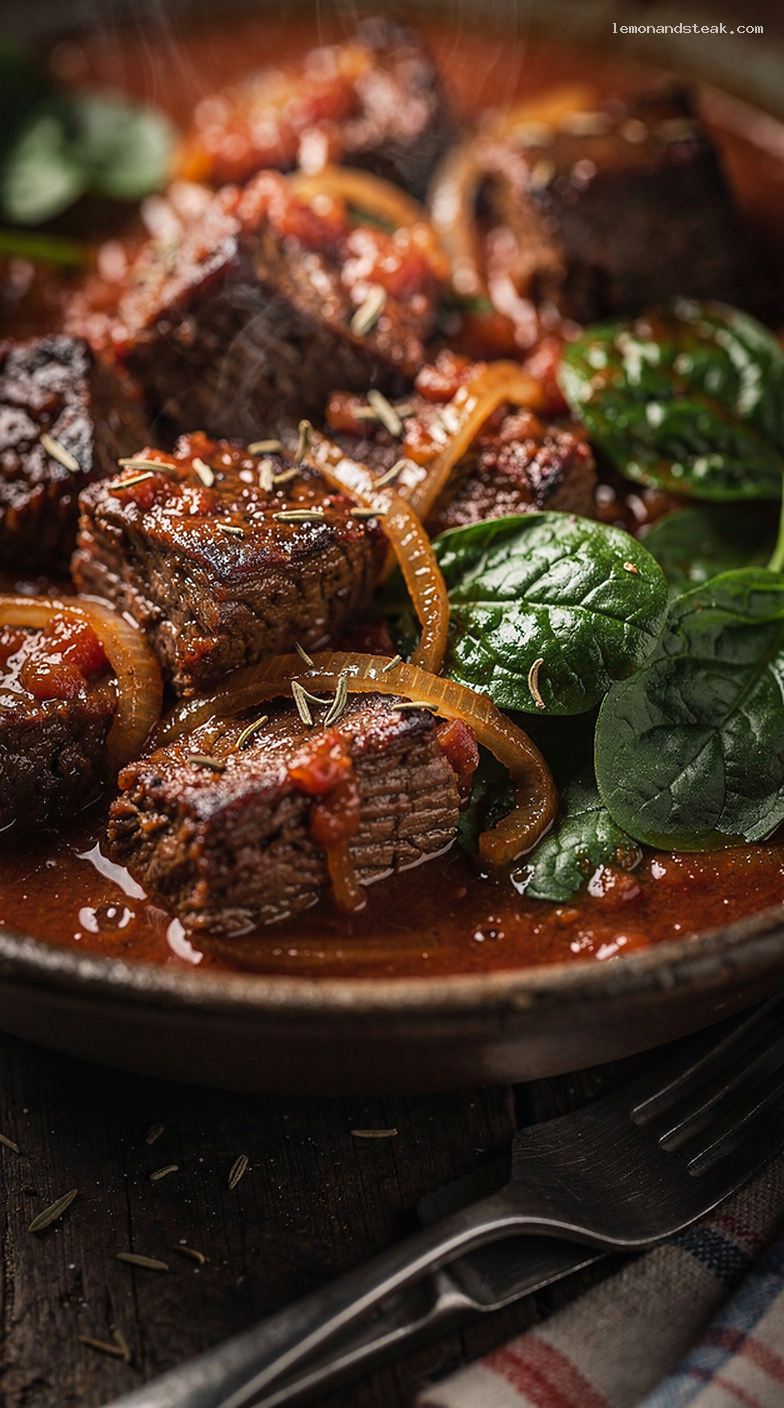 Slow-Cooked Beef and Spinach Stew with Tomatoes and Herbs – Closeup