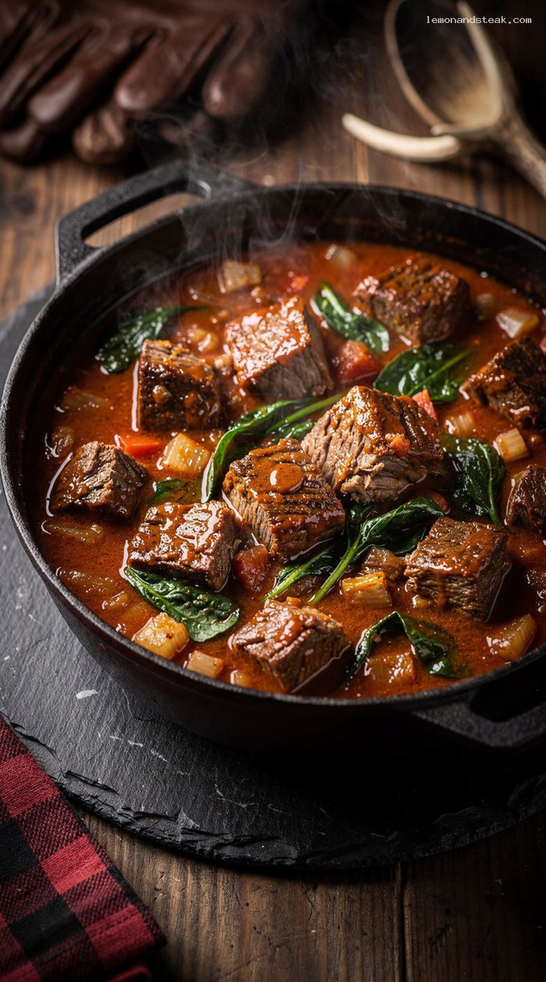Slow-Cooked Beef and Spinach Stew with Tomatoes and Herbs