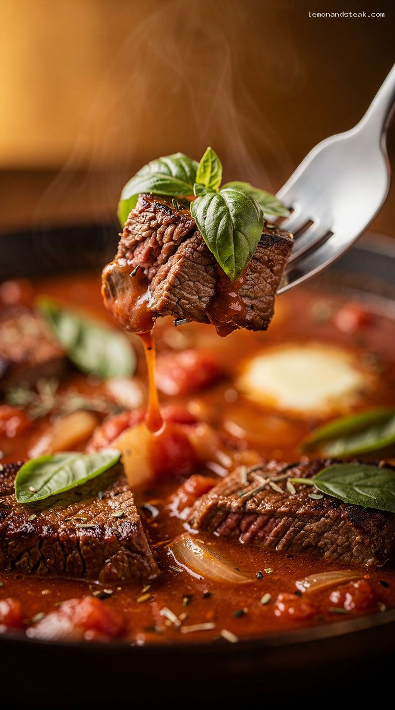 Slow-Cooked Beef and Tomato Basil Stew – Closeup