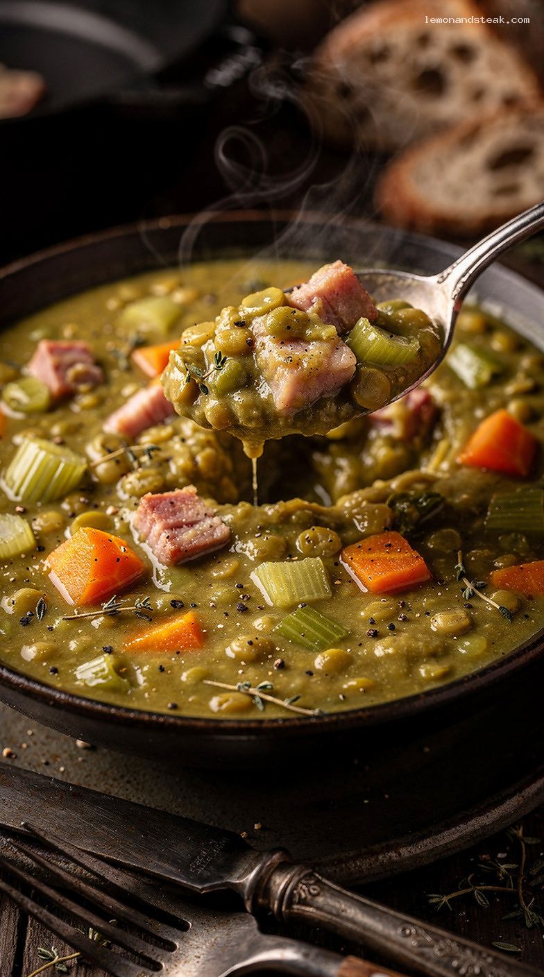 Slow-Cooked Split Pea and Ham Stew – Closeup