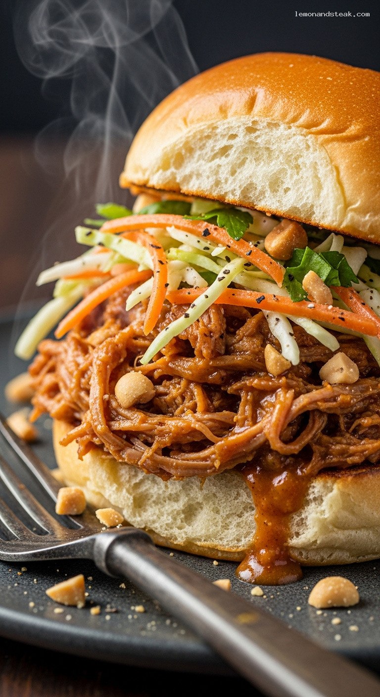 Slow Cooker Peanut Butter Pulled Pork Sliders – Closeup