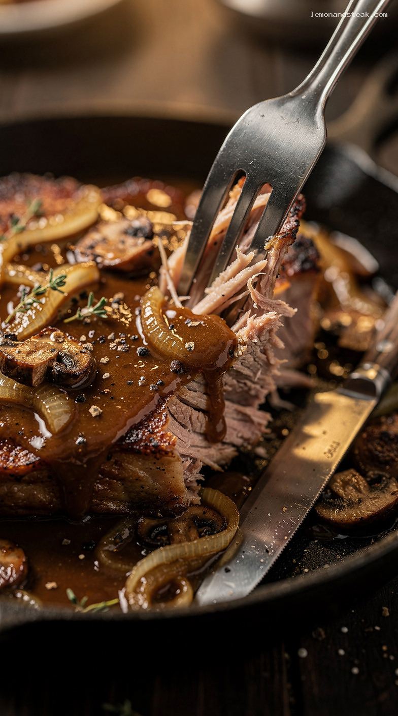 Slow Cooker Smothered Pork Chops with Onion Mushroom Gravy – Closeup