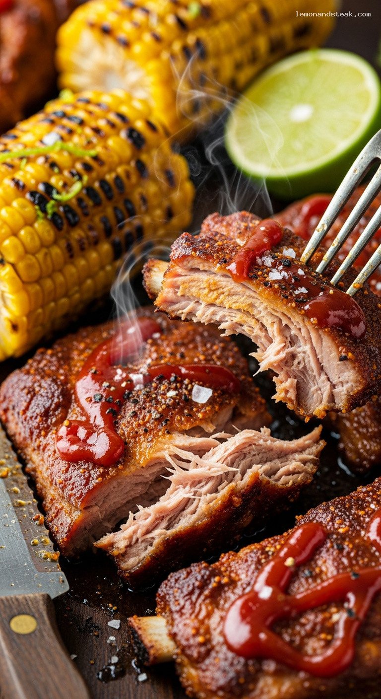 Slow-Grilled Chili-Rubbed Pork Riblets With Charred Corn – Closeup