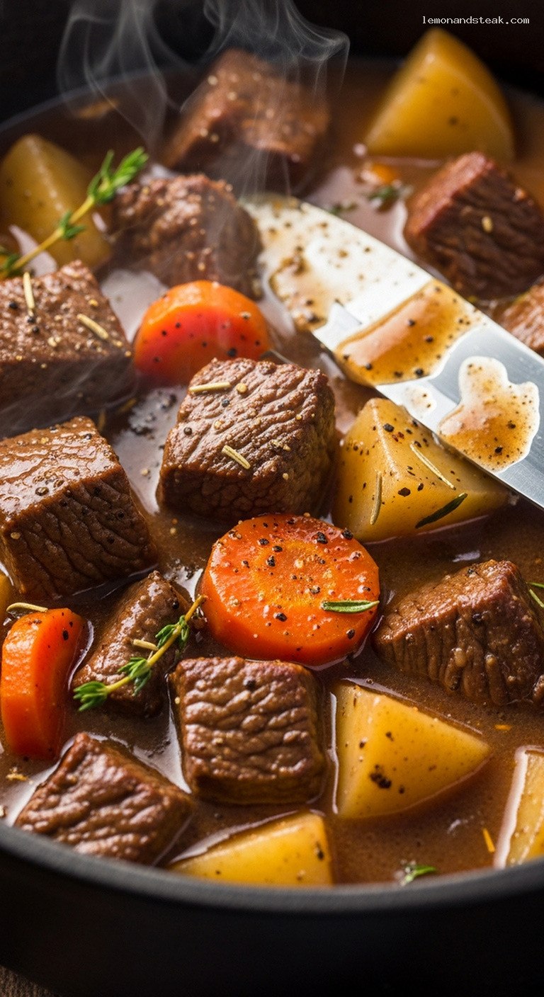 Slow-Simmered Beef and Potato Stew with Herbs – Closeup