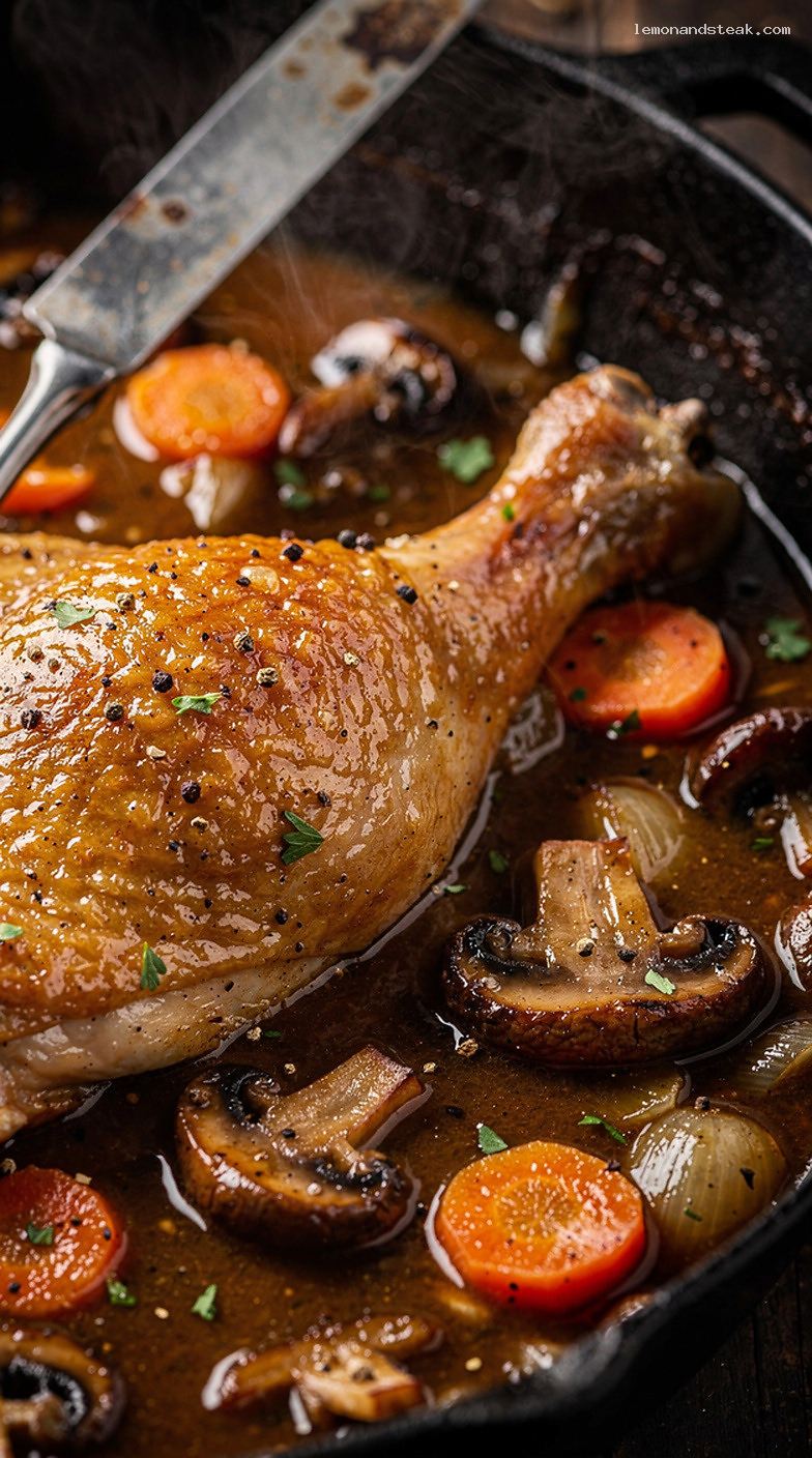 Slow-Simmered Chicken and Mushroom Stew with Herbs – Closeup