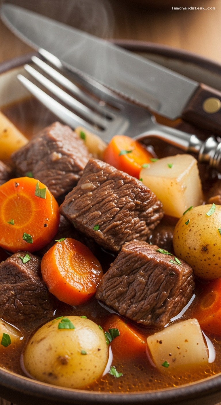Slow-Simmered Dutch Oven Beef Stew with Root Vegetables – Closeup