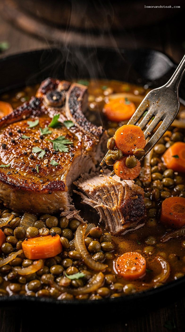 Slow-Simmered Pork Chops With Lentils and Vegetables – Closeup