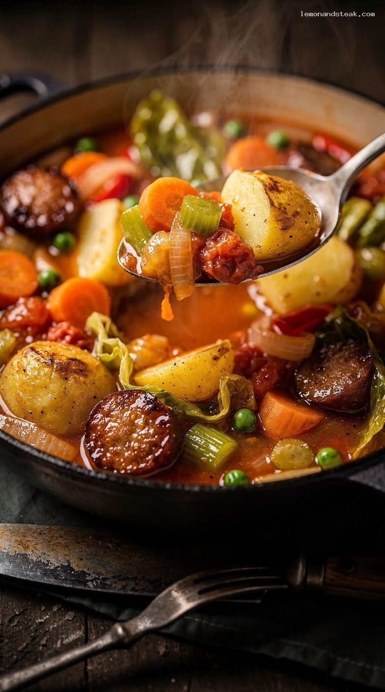Smoked Sausage and Potato Stew with Vegetables – Closeup