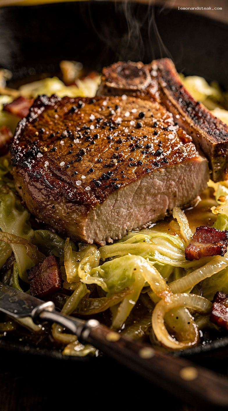 Smoky Bacon Cabbage Skillet Pork Chops – Closeup