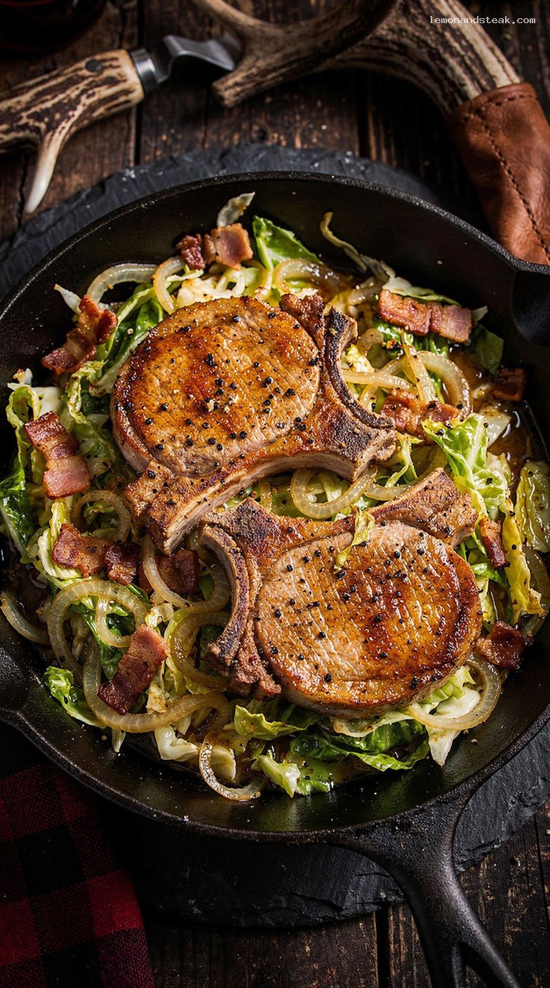 Smoky Bacon Cabbage Skillet Pork Chops