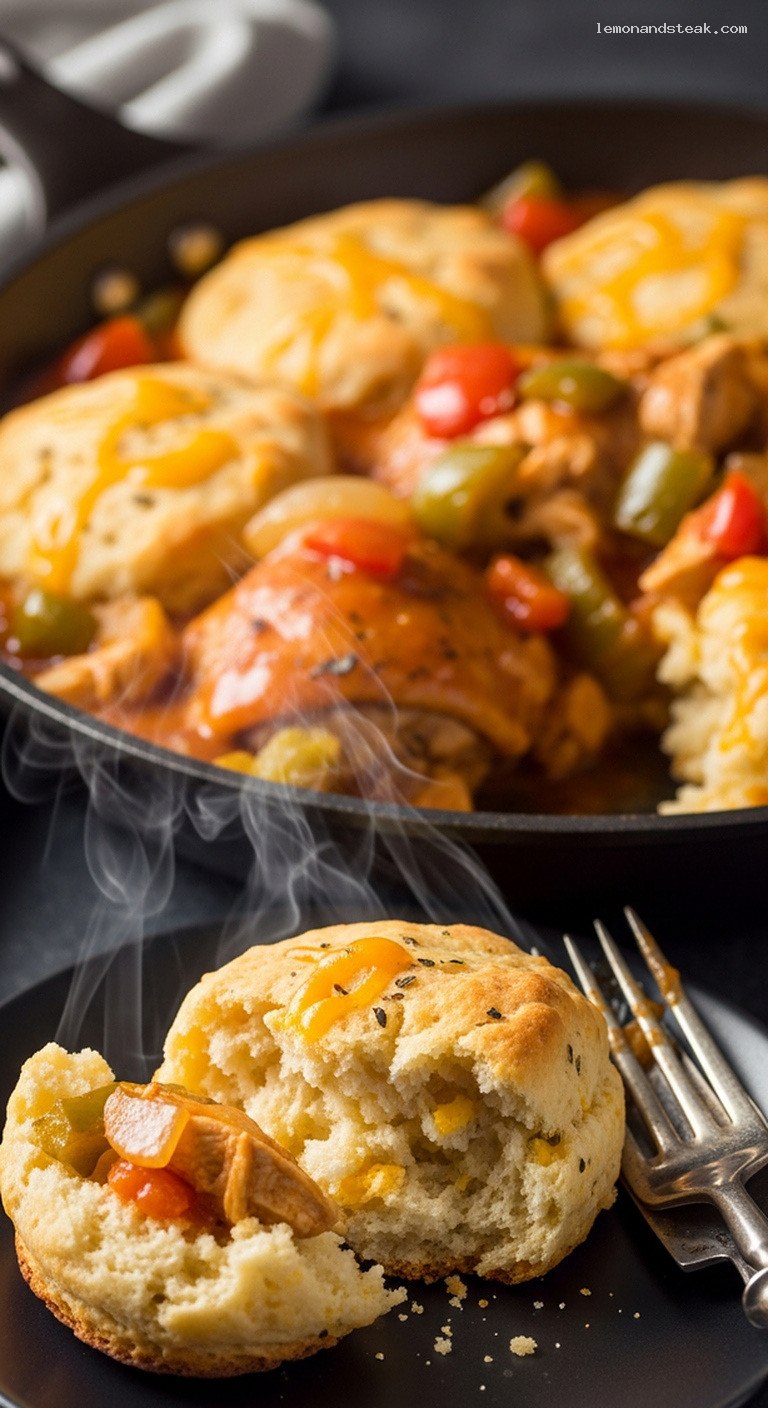 Smoky Cajun Chicken and Cheddar Biscuit Bake – Closeup