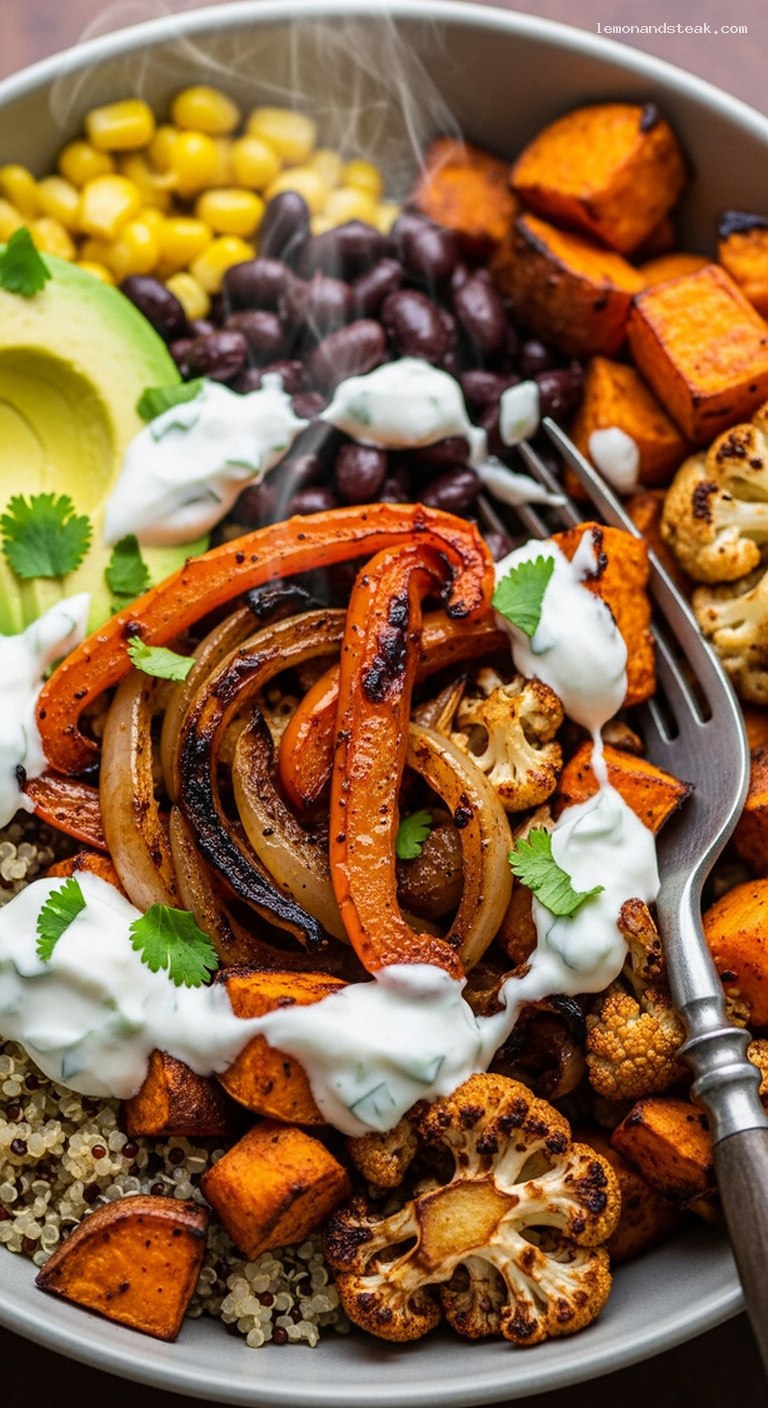 Smoky Chipotle Lime Roasted Veggie Bowl with Quinoa – Closeup