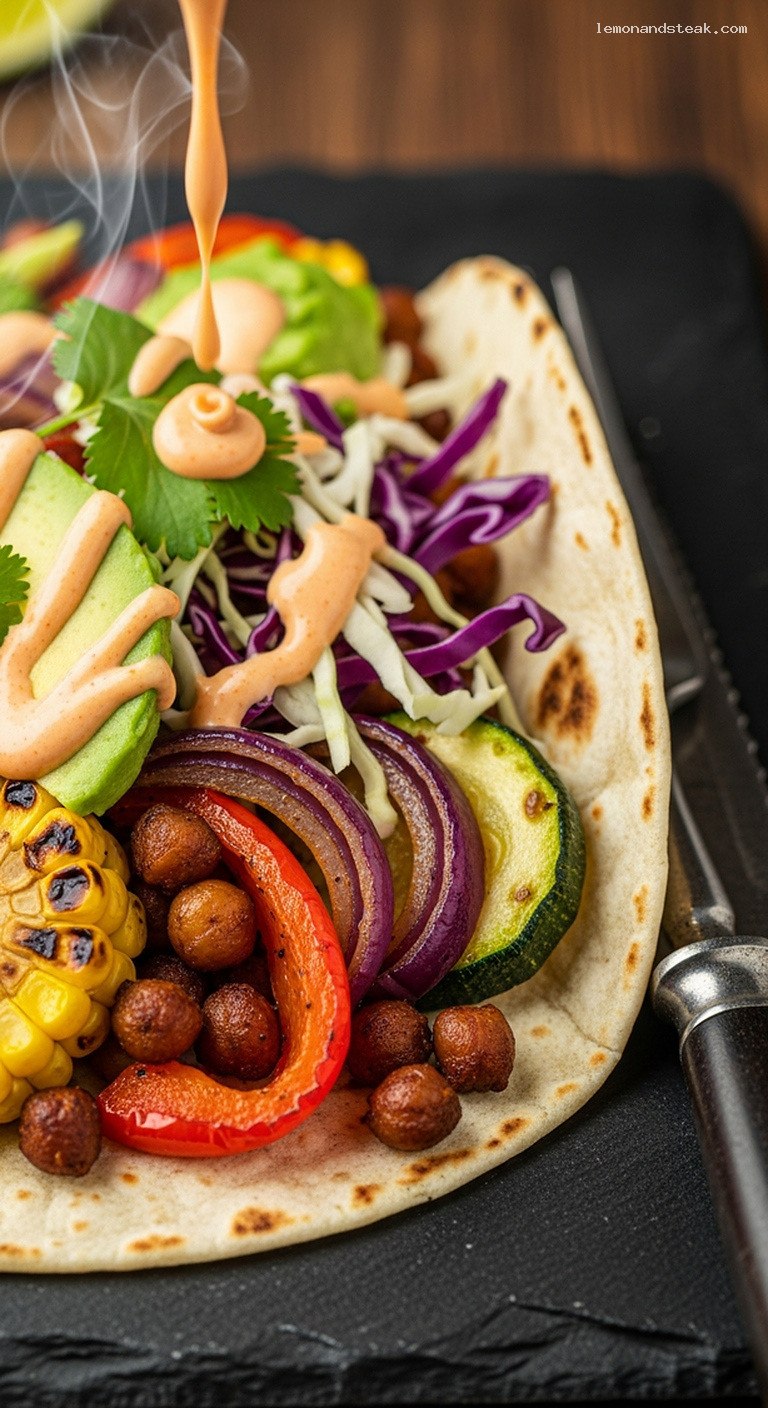 Smoky Chipotle Roasted Chickpea and Veggie Tacos – Closeup