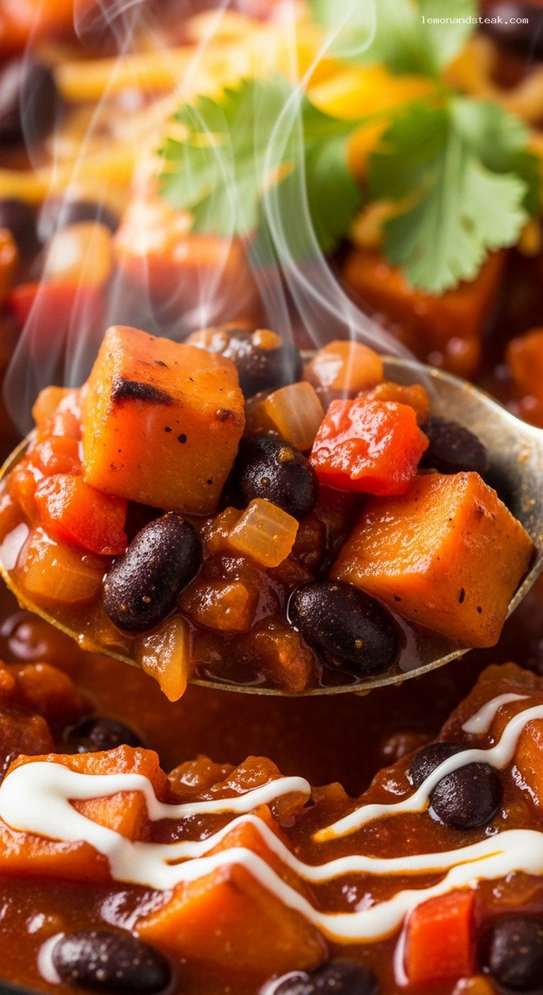 Smoky Chipotle Sweet Potato and Black Bean Chili – Closeup
