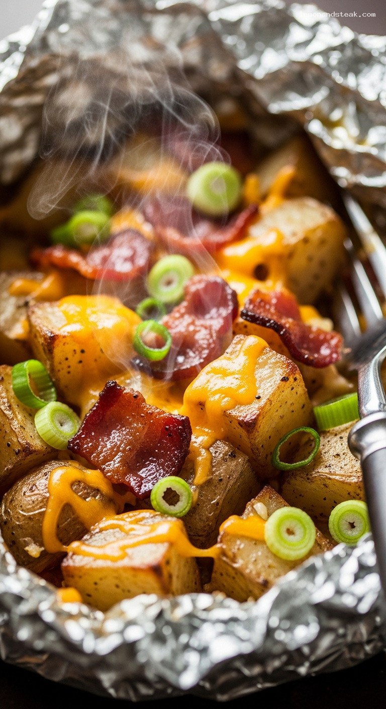 Smoky Foil-Pack Loaded Cheddar Bacon Potatoes – Closeup