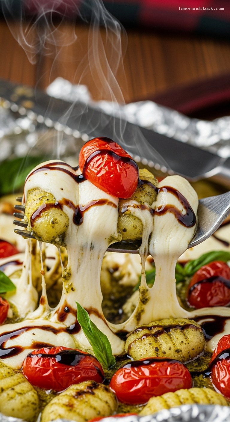 Smoky Foil-Packet Pesto Gnocchi With Tomatoes and Mozzarella – Closeup
