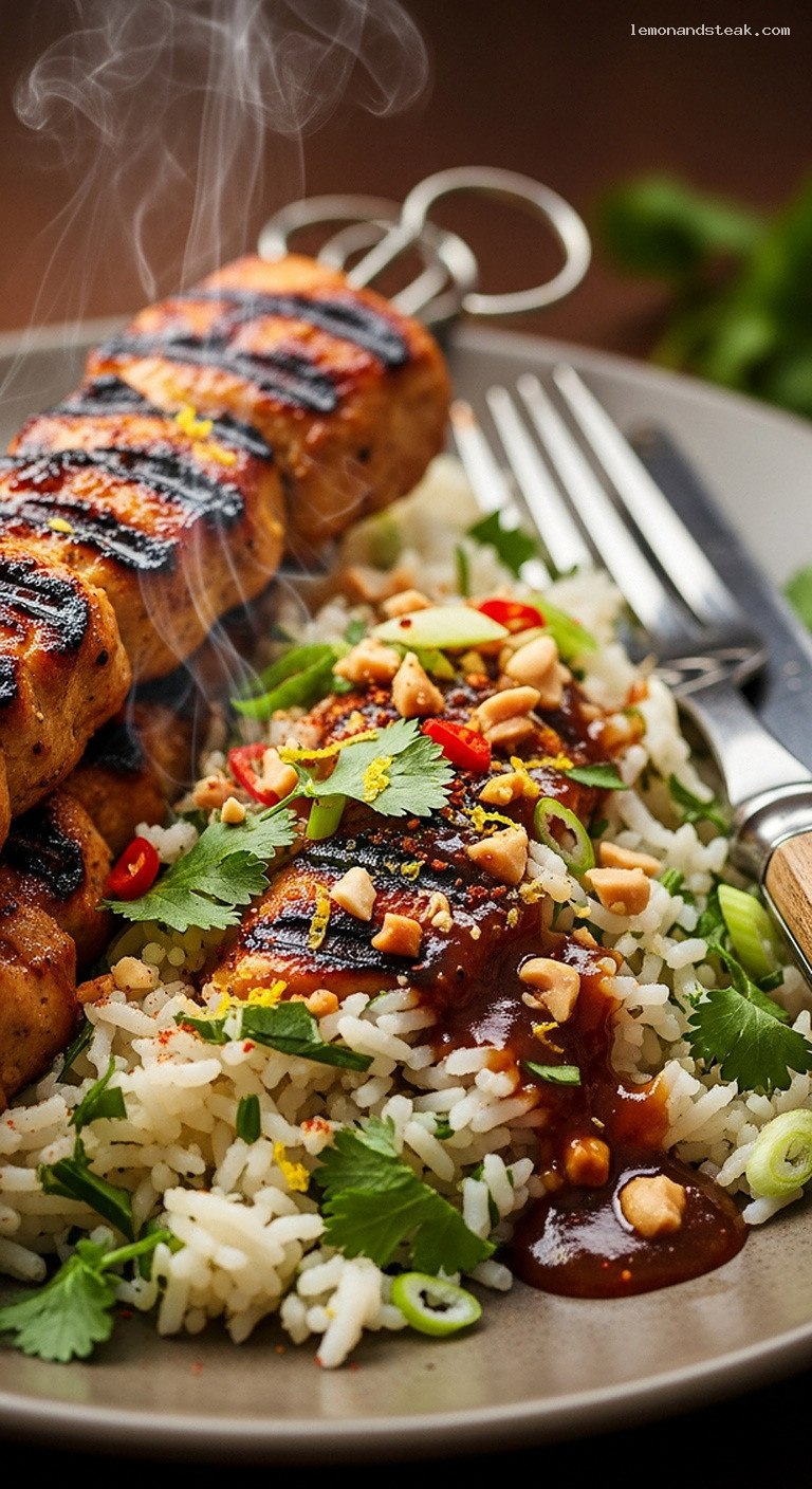 Smoky Molasses-Peanut Grilled Chicken Skewers With Herbed Rice – Closeup