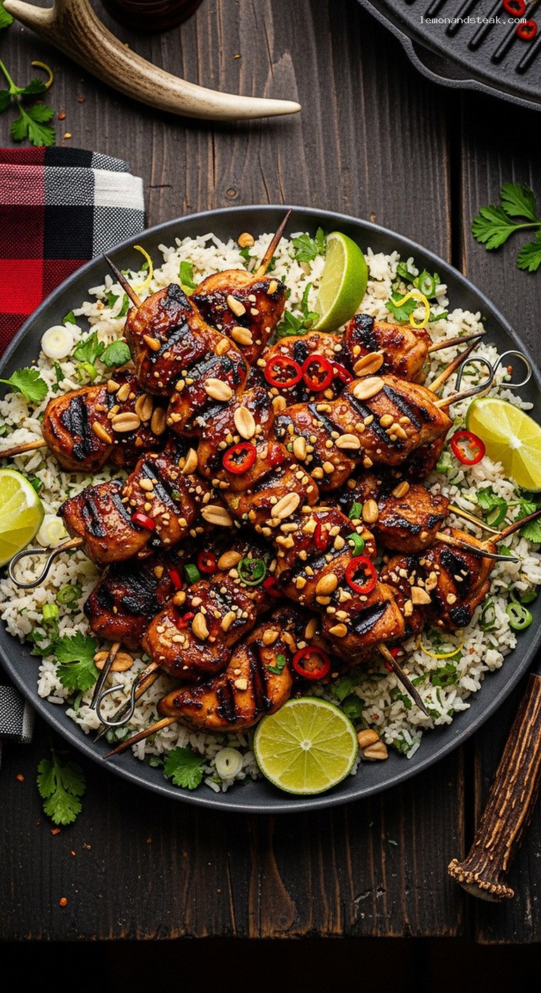 Smoky Molasses-Peanut Grilled Chicken Skewers With Herbed Rice