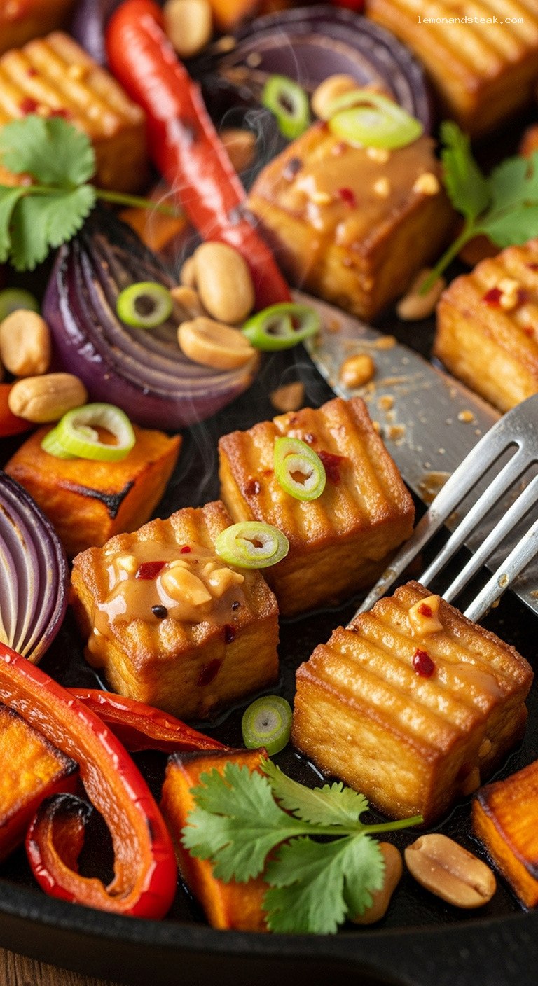 Smoky Peanut Butter Tofu and Sweet Potato Sheet Pan – Closeup