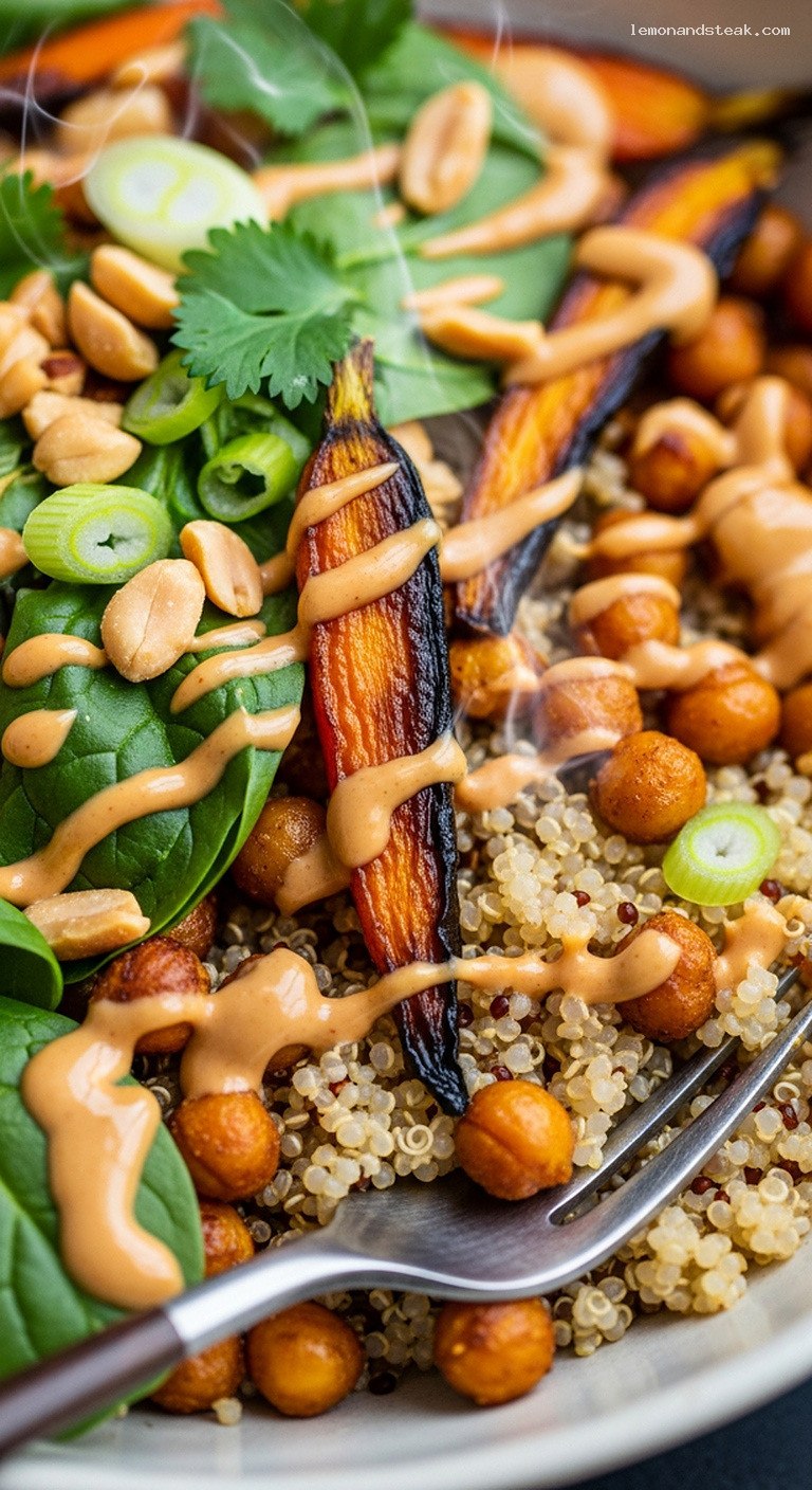 Smoky Peanut Quinoa Bowl With Roasted Veggies and Chickpeas – Closeup