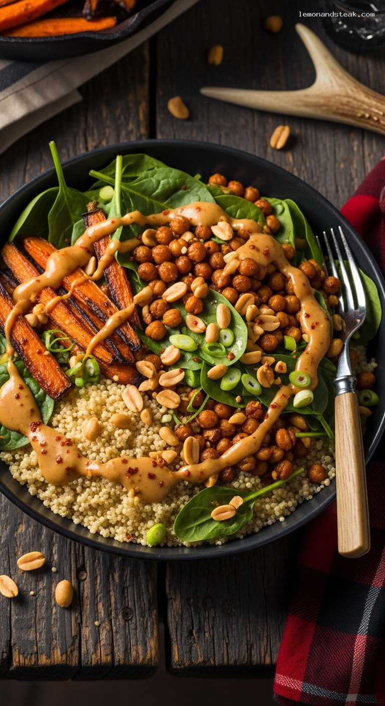 Smoky Peanut Quinoa Bowl With Roasted Veggies and Chickpeas