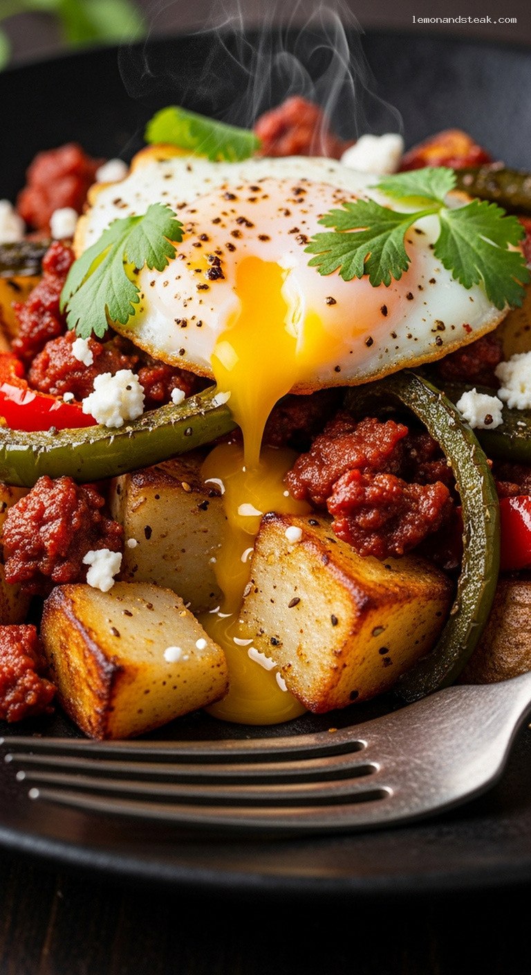 Smoky Poblano and Chorizo Breakfast Hash – Closeup