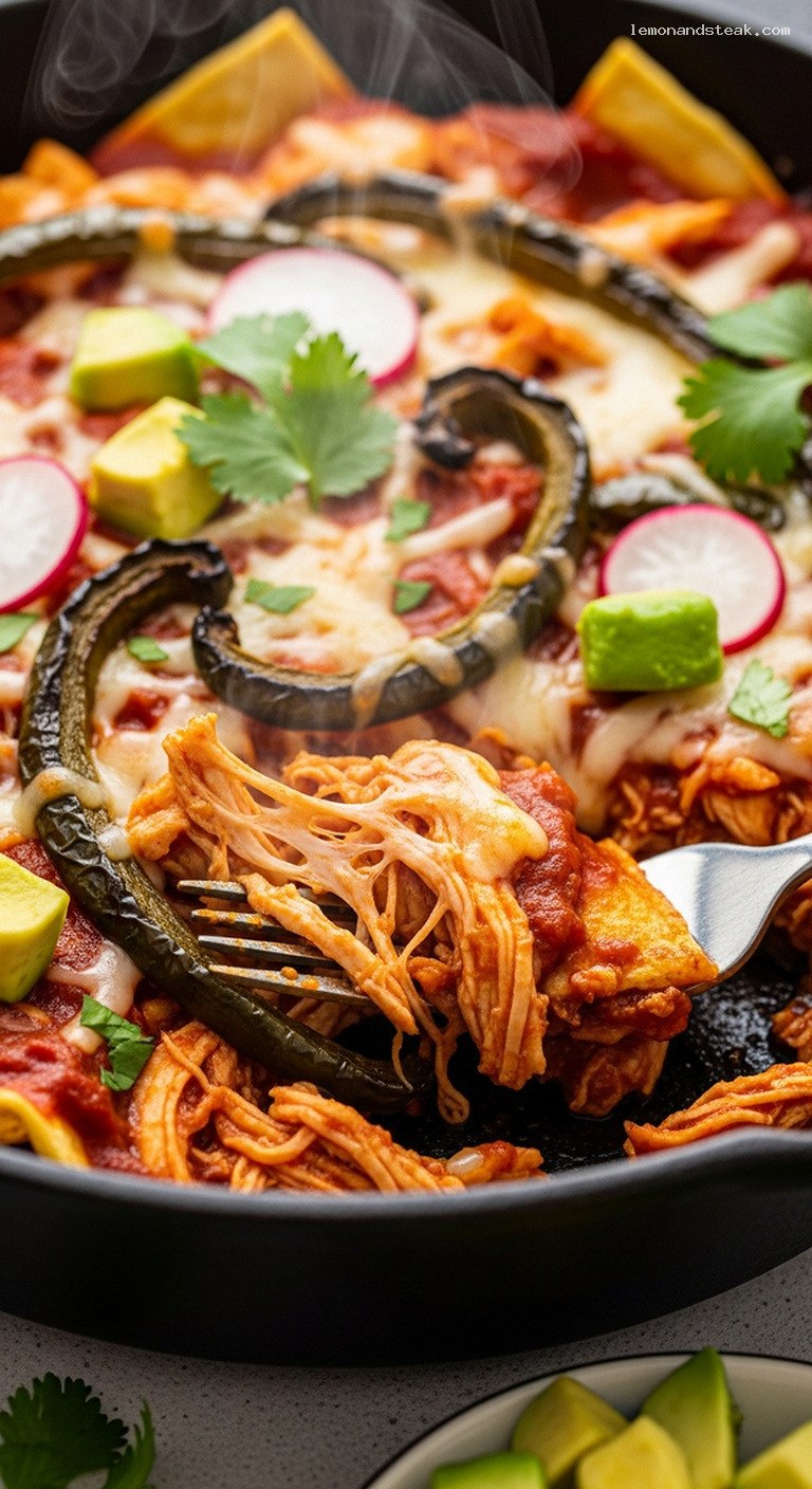Smoky Poblano Chicken Enchilada Skillet – Closeup