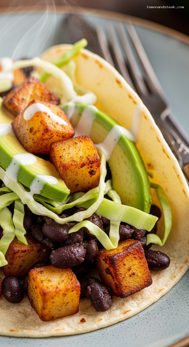 Smoky Roasted Potato and Black Bean Tacos – Closeup