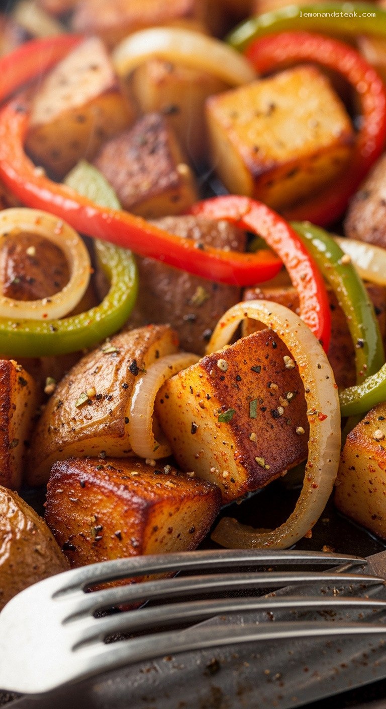 Smoky Skillet Country Potatoes With Peppers and Onions – Closeup