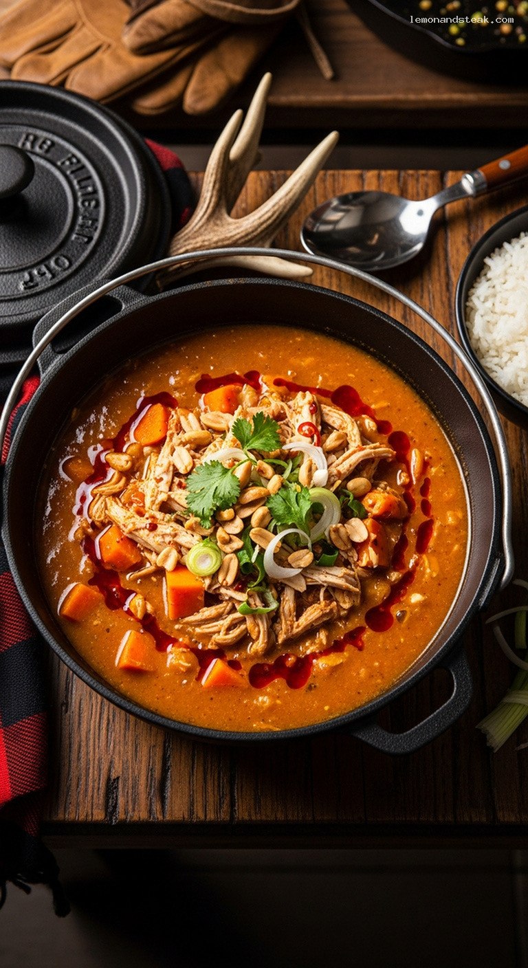 Smoky West African Groundnut Soup with Shredded Chicken